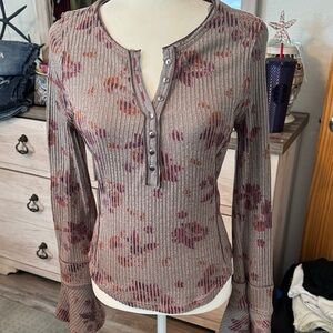 Free People Floral Ribbed Long Sleeve Top - Cream and Purple